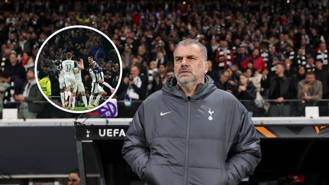 Ange Postecoglou with inset of Tottenham players celebrating
