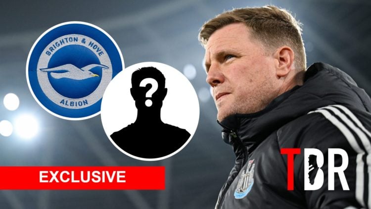 Eddie Howe with insets of Brighton badge and mystery silhouette, TBR logo and Exclusive banner