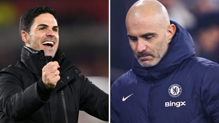 Split image of (L) Arsenal manager Mikel Arteta celebrating and (R) Chelsea boss Enzo Maresca looking dejected