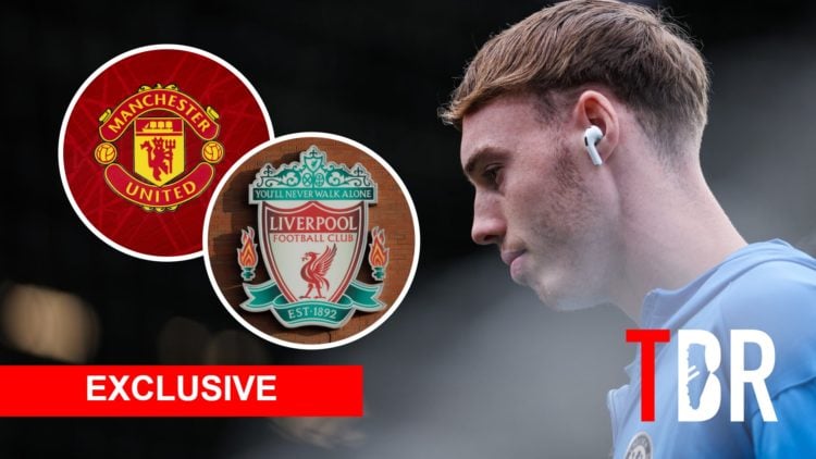 Chelsea star Cole Palmer with insets of Manchester United and Liverpool badges