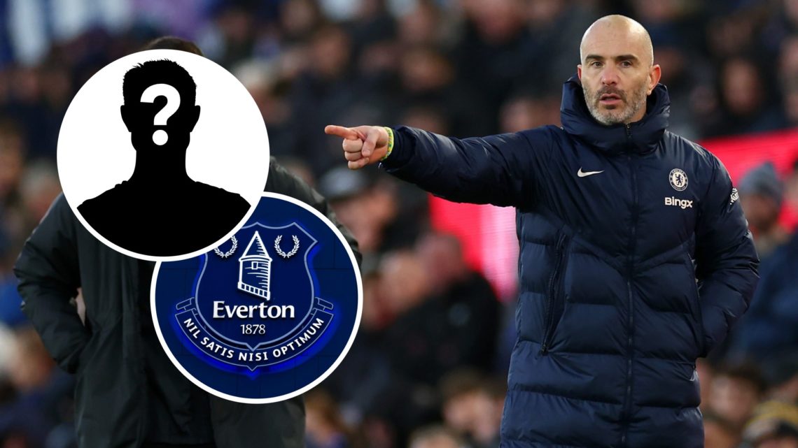 Chelsea boss Enzo Maresca with insets of Everton badge and mystery silhouette