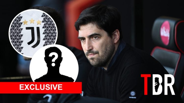 Andoni Iraola with insets of Juventus badge and mystery silhouette