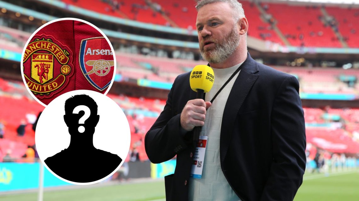 Wayne Rooney with inset of Manchester United and Arsenal badges plus mystery silhouette