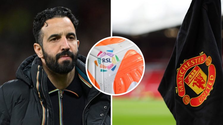 Split image of Man United manager Ruben Amorim and United corner flag with overlay of Saudi Pro League ball