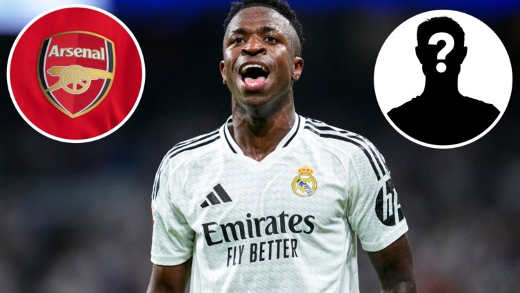 Image of Real Madrid star Vinicius Jr shouting with insets of the Arsenal badge and a mystery player
