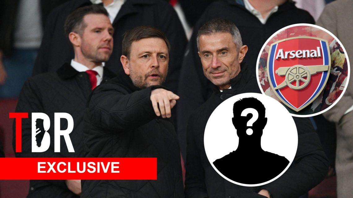 Split image of Arsenal's sporting director Andrea Berta. Inset of Arsenal badge and mystery player.