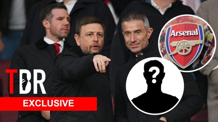 Split image of Arsenal's sporting director Andrea Berta. Inset of Arsenal badge and mystery player.