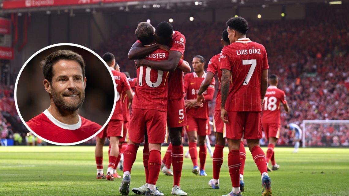 Liverpool players celebrate against Tottenham. Inset, Jamie Redknapp.