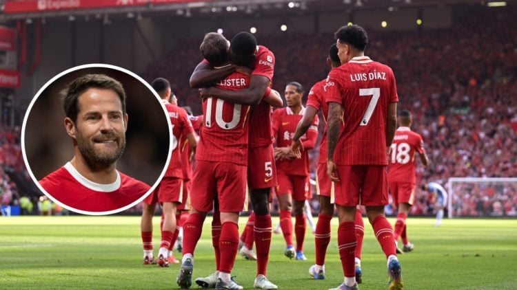 Liverpool players celebrate against Tottenham. Inset, Jamie Redknapp.