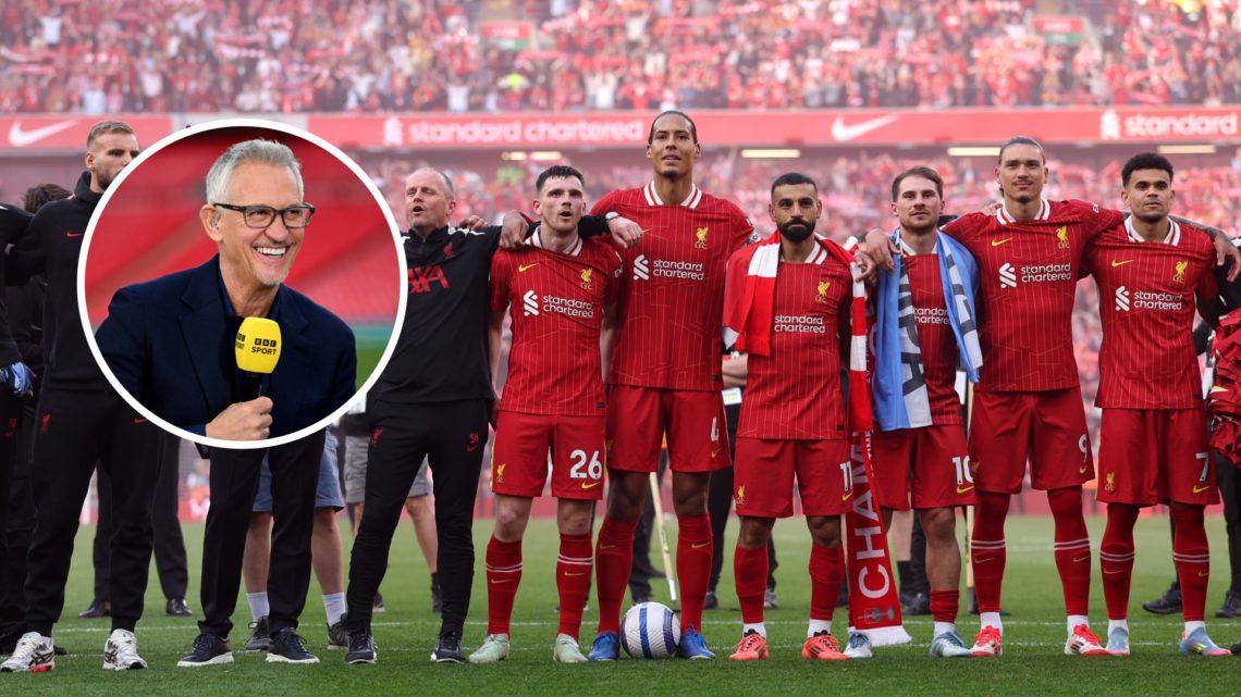 Liverpool players celebrate their title win. Inset, Gary Lineker.