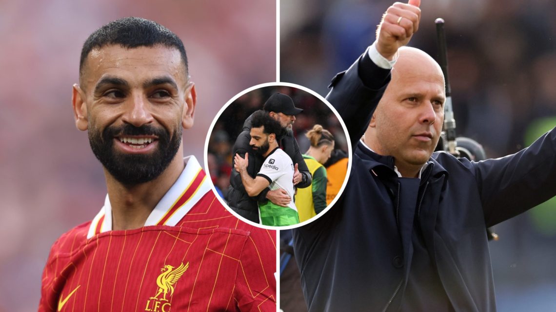 Split image of Mo Salah and Arne Slot with overlay over Jurgen Klopp hugging Salah