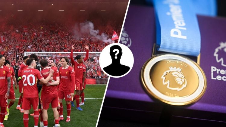 Split image of Liverpool players celebrating next to the Premier League medal