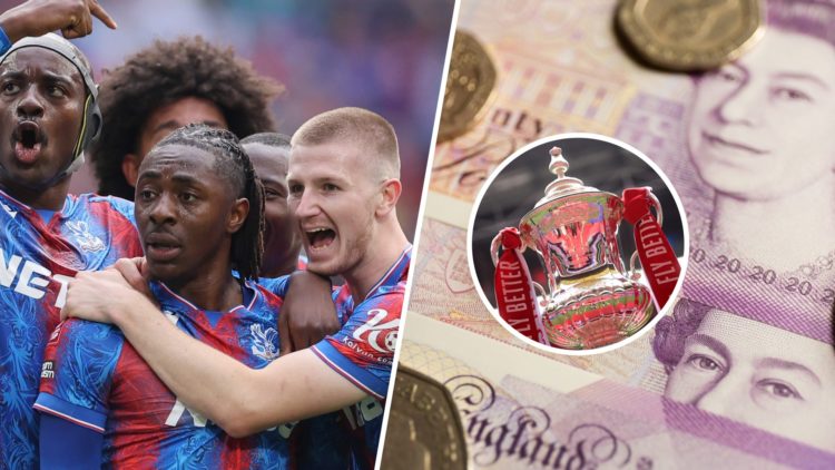 Split image of Crystal Palace players celebrating next to pound notes, FA Cup trophy inset