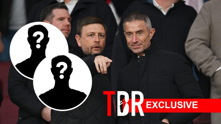 Andrea Berta looks on at an Arsenal match. Inset, two question mark silhouettes.