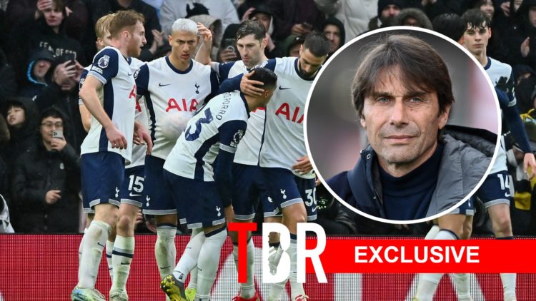Tottenham players celebrating. Inset, Antonio Conte.