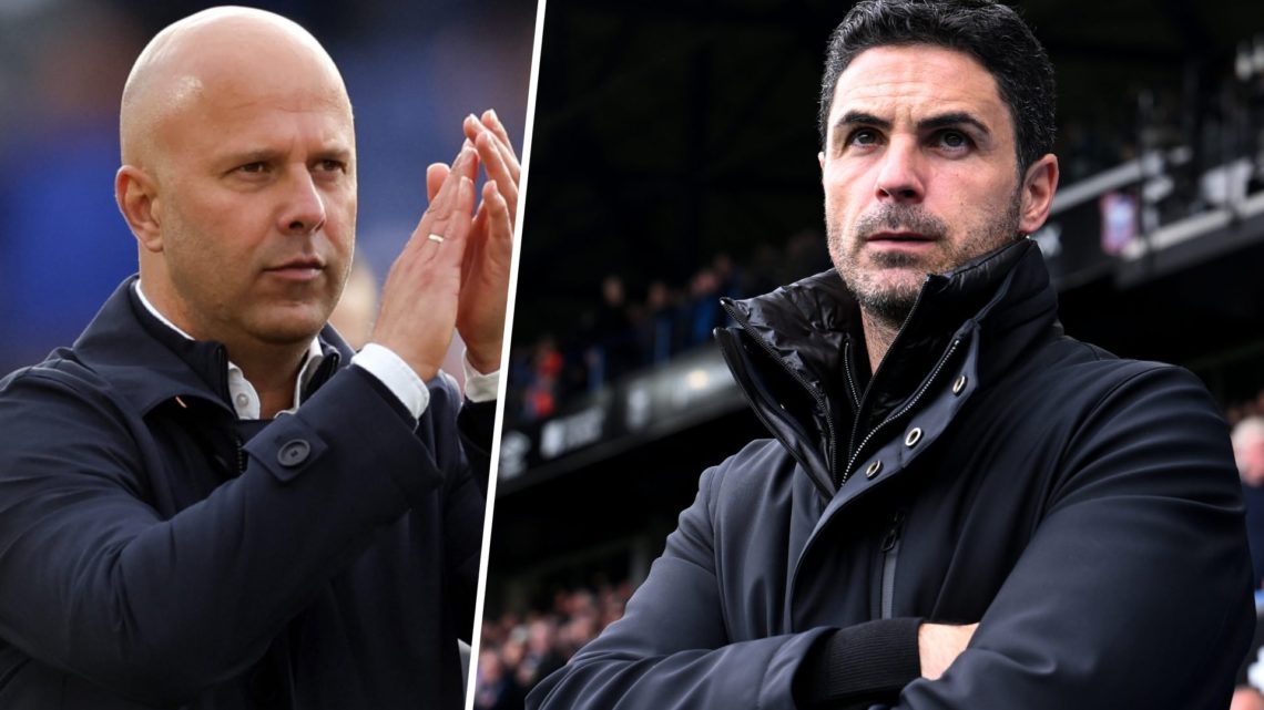A split image of Arne Slot and Mikel Arteta