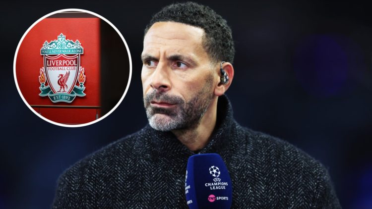 An image of Rio Ferdinand with an inset of the Liverpool badge.