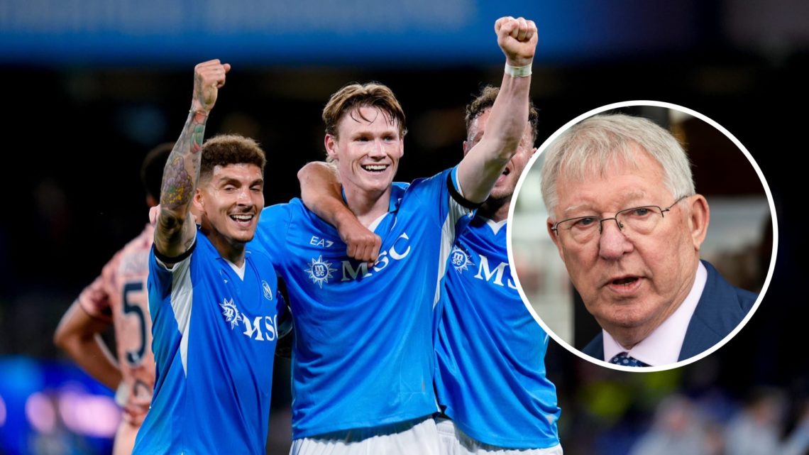 Scott McTominay celebrates with his Napoli teammates. Inset, Sir Alex Ferguson.