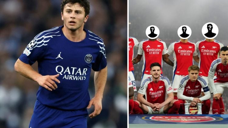 Split image of PSG star Joao Neves next to the Arsenal squad