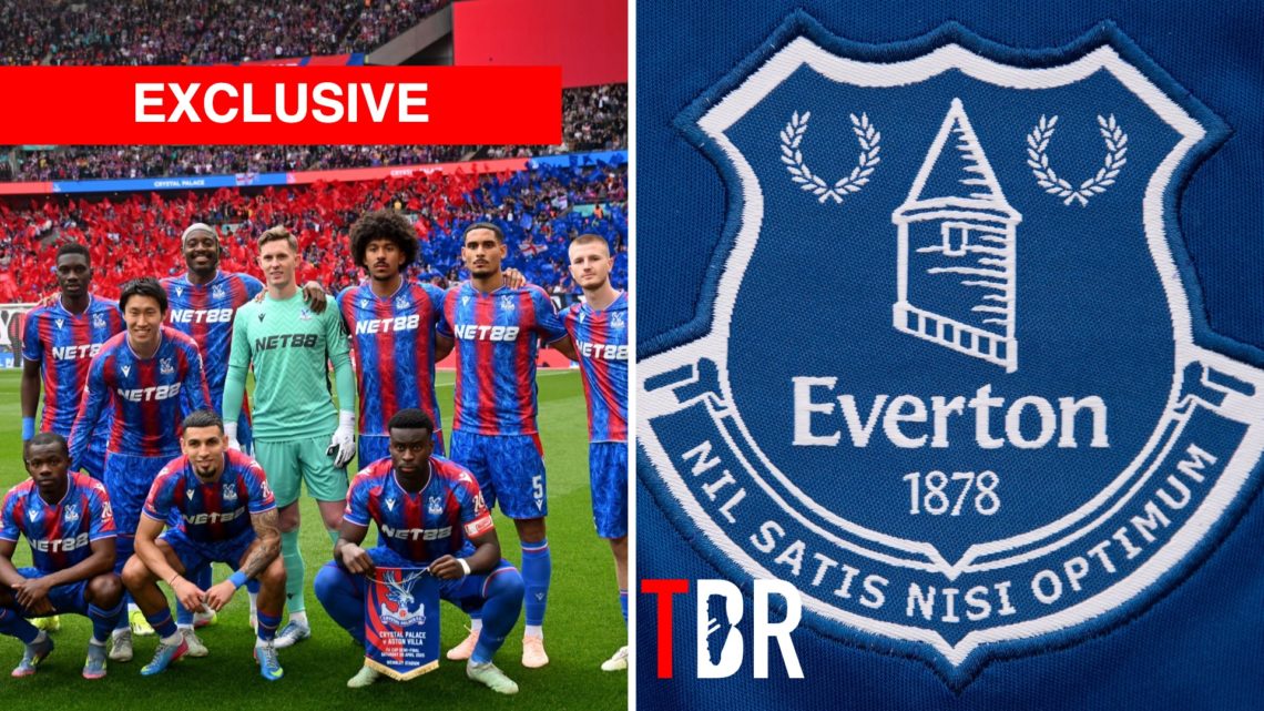 Split image of Crystal Palace players and Everton badge