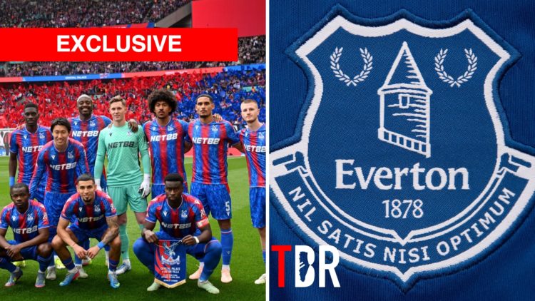 Split image of Crystal Palace players and Everton badge