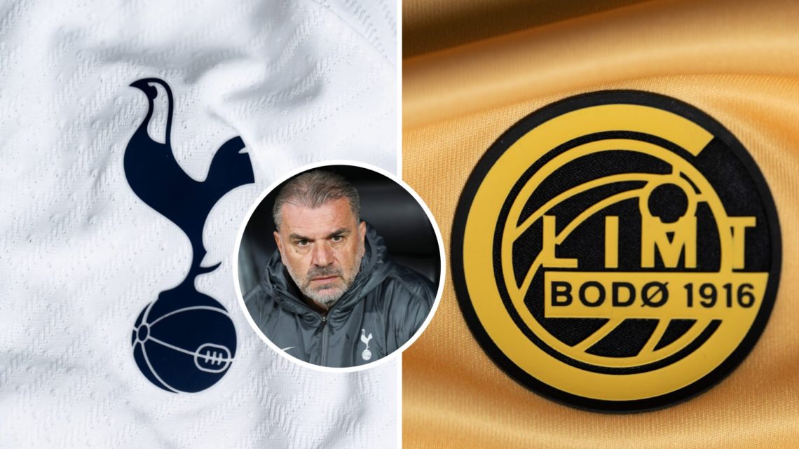 Split image of Tottenham badge and Bodo/Glimt badge with Ange Postecoglou inset