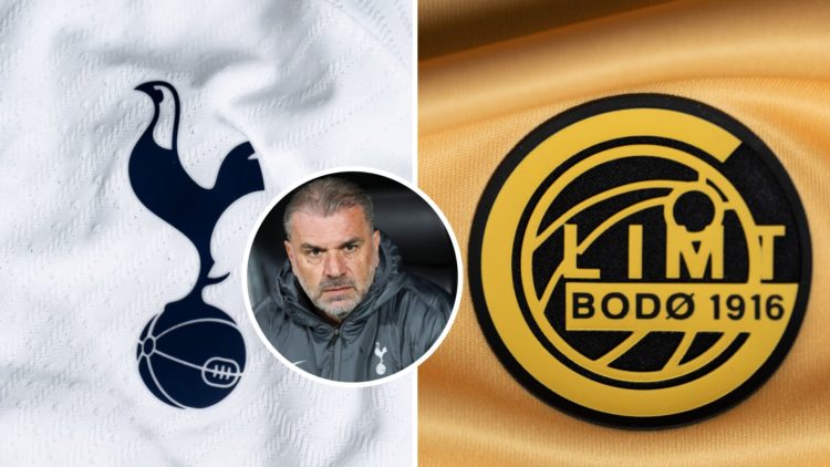 Split image of Tottenham badge and Bodo/Glimt badge with Ange Postecoglou inset