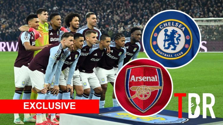 Aston Villa squad with insets of Arsenal and Chelsea badges