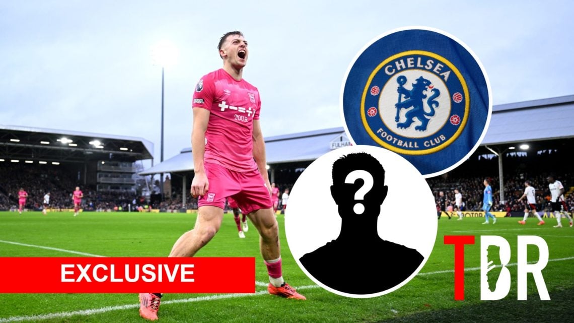 Liam Delap with insets of Chelsea badge and mystery silhouette