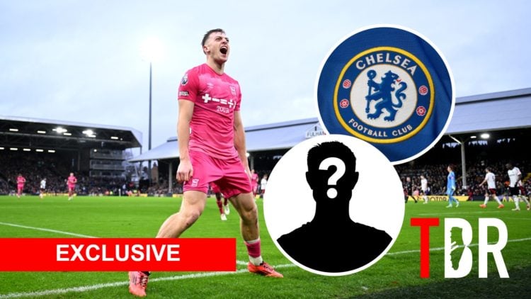 Liam Delap with insets of Chelsea badge and mystery silhouette