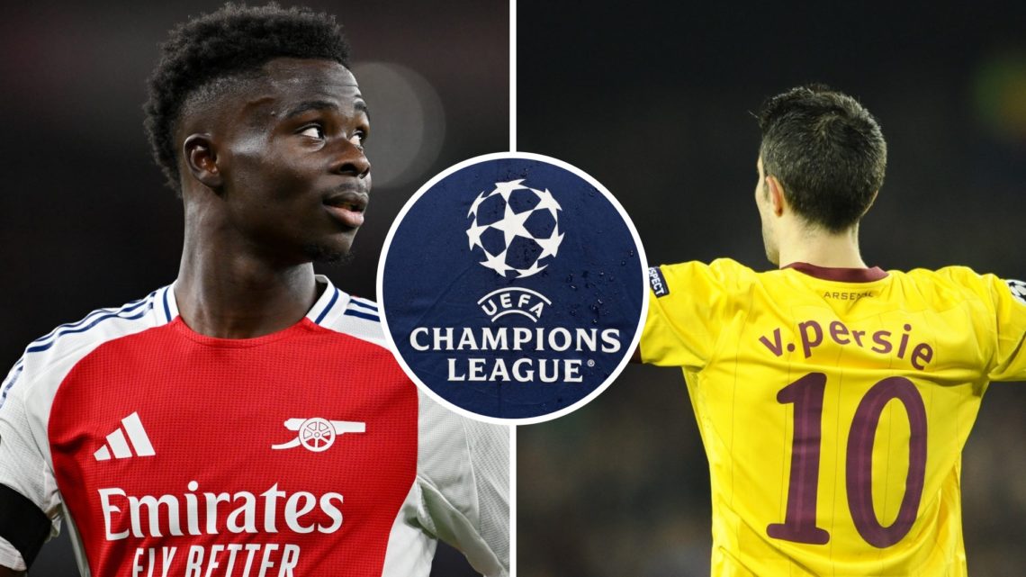 Split image of Bukayo Saka and Robin van Persie, UEFA Champions League logo inset