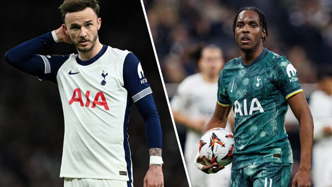 James Maddison at Tottenham split with Mathys Tel.