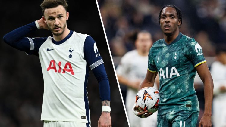 James Maddison at Tottenham split with Mathys Tel.