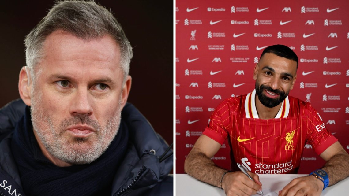 Split image of Jamie Carragher and Mohamed Salah signing his new Liverpool contract