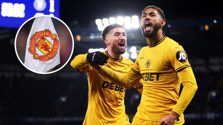 Matt Doherty and Matheus Cunha with inset of Manchester United badge