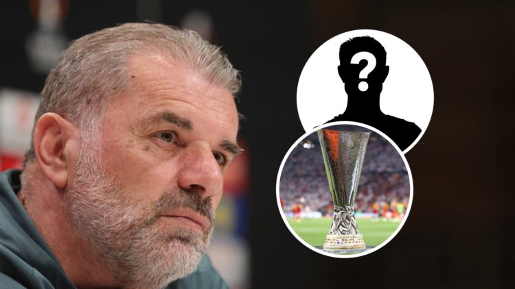 Tottenham Hotspur manager Ange Postecoglou with insets of Europa League trophy and mystery silhouette