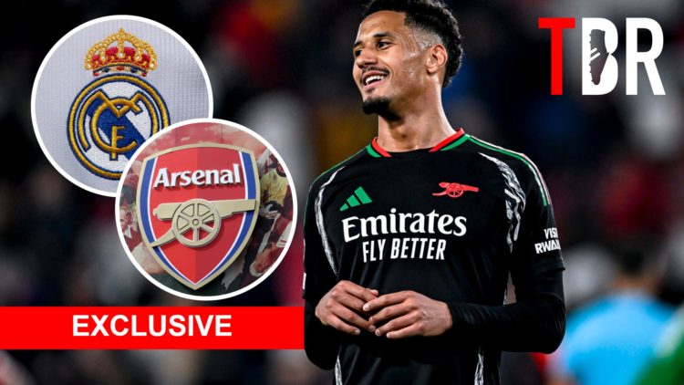Split image of William Saliba. Insets of Arsenal badge and Real Madrid badge.