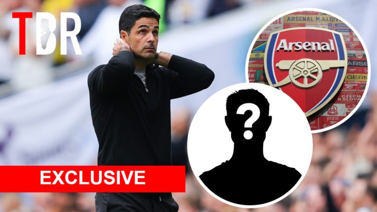 Split image - Arsenal manager Mikel Arteta. Inset of Arsenal badge and mystery player.