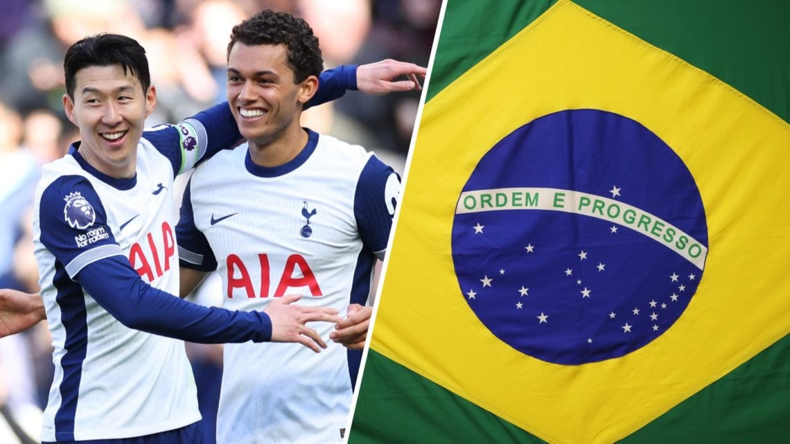Split image of Tottenham's Heung-min Son and Brennan Johnson next to Brazil flag
