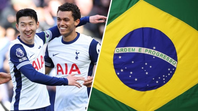 Split image of Tottenham's Heung-min Son and Brennan Johnson next to Brazil flag