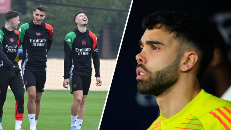 David Raya split with Arsenal players training.