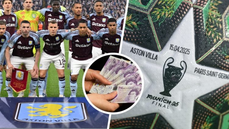 Split image of Aston Villa squad next to UEFA Champions League ball, with English pound notes central