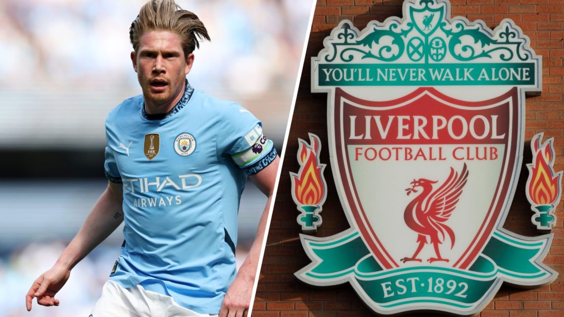 Split image of Kevin De Bruyne next to the Liverpool badge