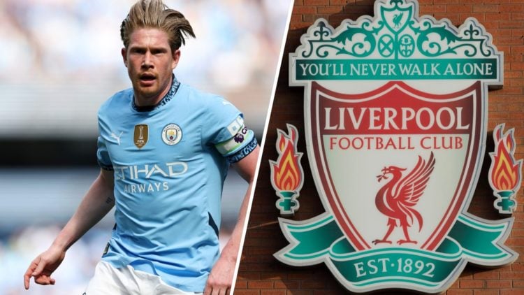 Split image of Kevin De Bruyne next to the Liverpool badge