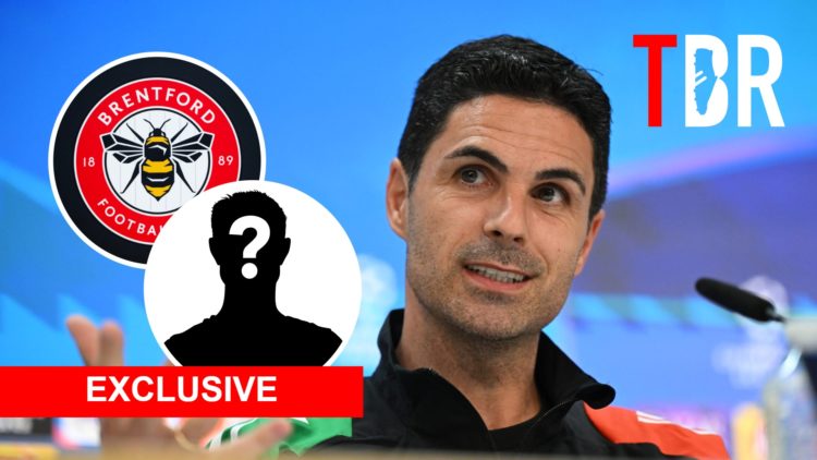 Arsenal manager Mikel Arteta with insets of Brentford crest and mystery silhouette