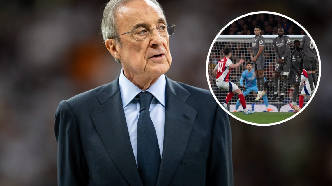 Split image of Real Madrid president Florentino Perez. Inset of Declan Rice scoring free-kick for Arsenal against Real Madrid.