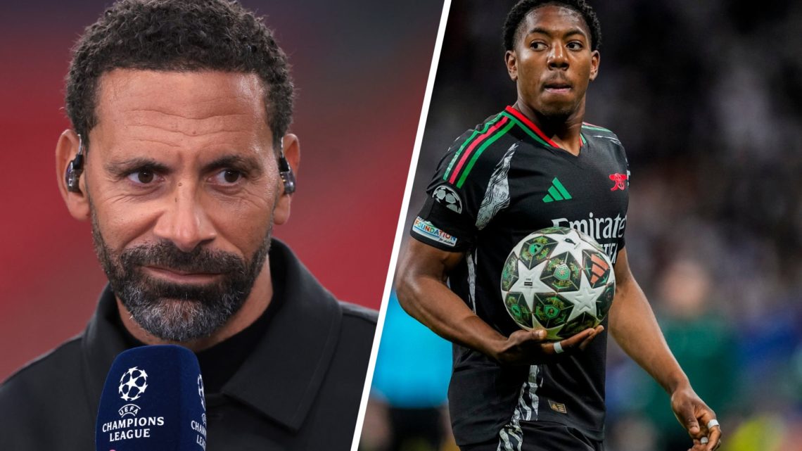 Split image of TNT Sports pundit Rio Ferdinand (L) and Arsenal defender Myles Lewis-Skelly in action at the Bernabeu (R)