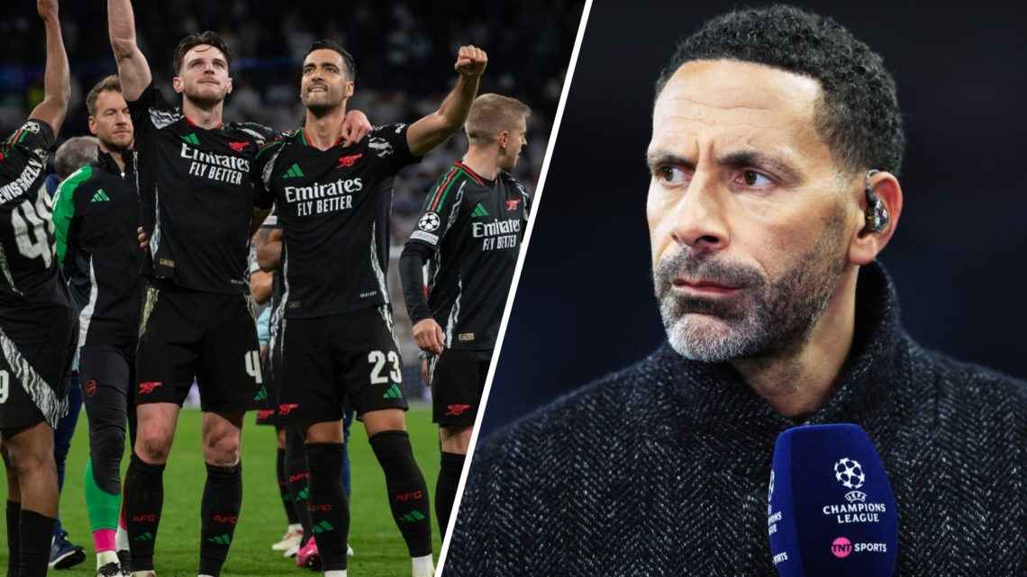 Arsenal players celebrate against Real Madrid, split with Rio Ferdinand.