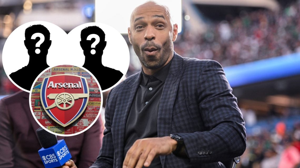 Split image of CBS pundit Thierry Henry. Inset of two mystery players and Arsenal badge.