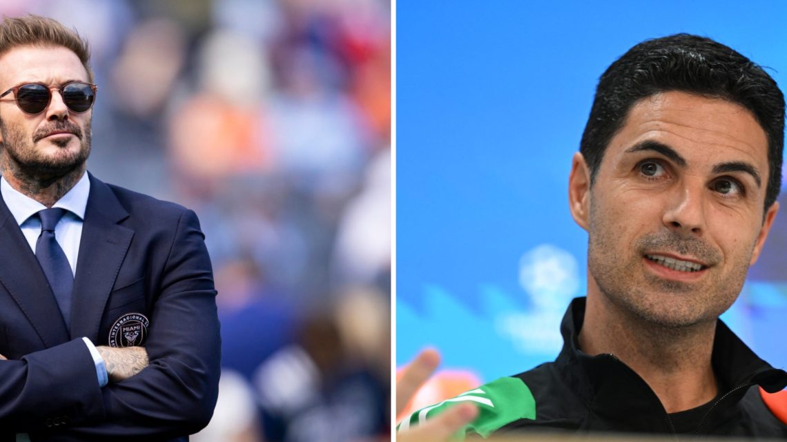 A split image of David Beckham and Mikel Arteta